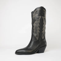 Riding Black Leather/ Gold Embroidery Knee High Boots, MOLLINI - Shouz