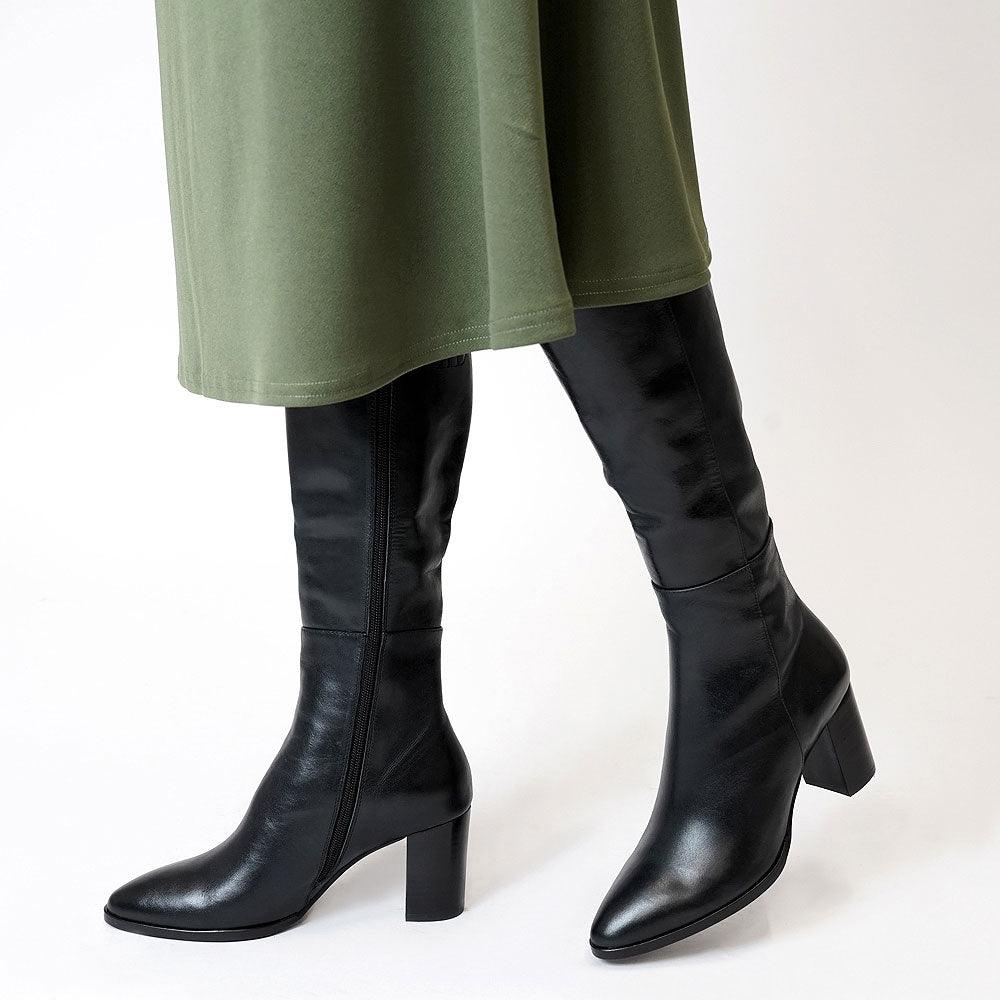 Allouta Black Leather Knee High Boots - Shouz