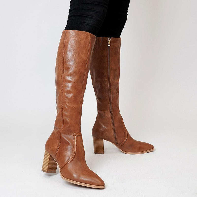 Ammies Cognac Leather Knee High Boots - Shouz