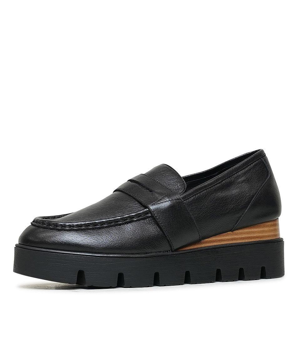 Remmi Black Leather Wedge Loafers - Shouz