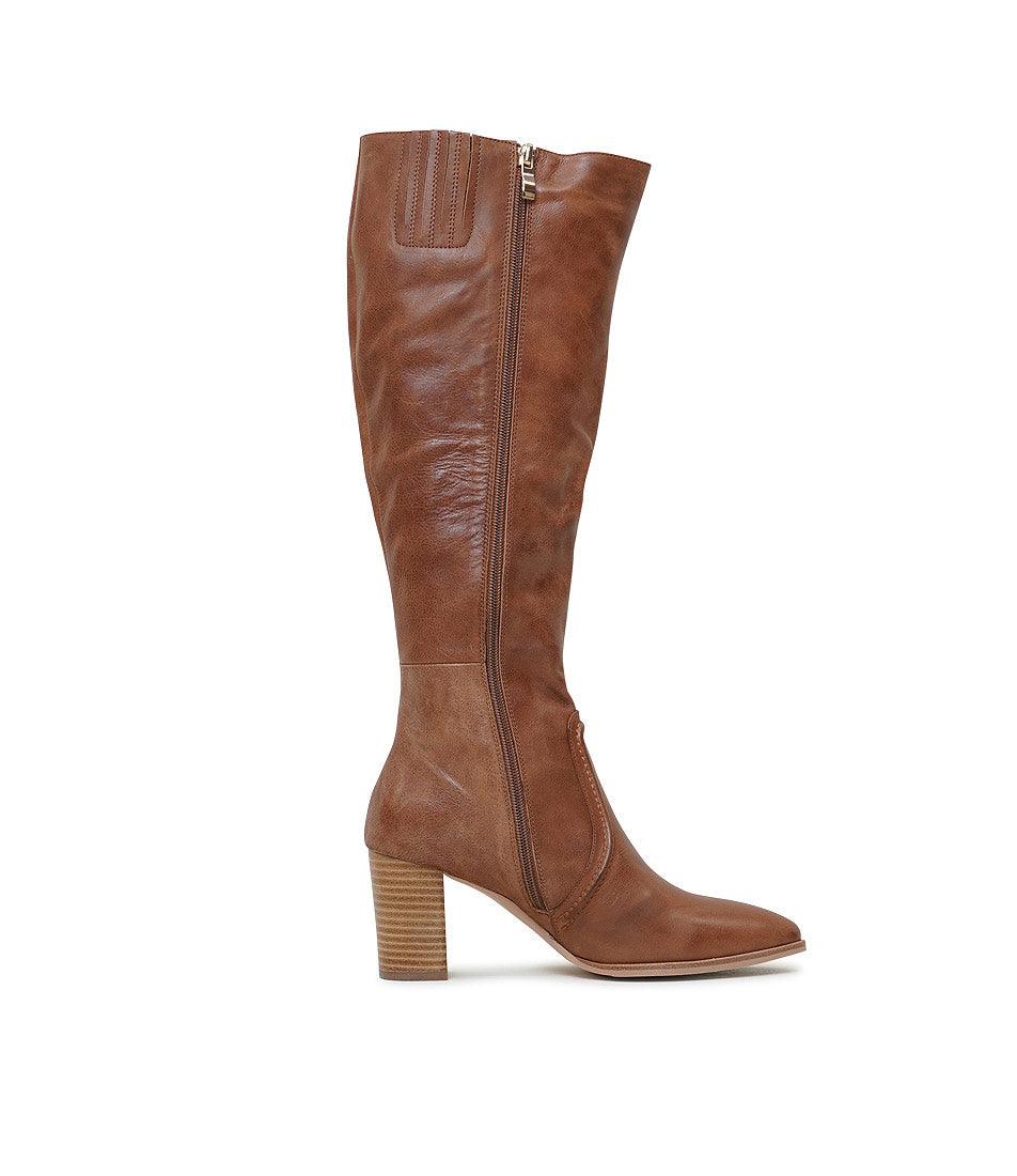 Ammies Cognac Leather Knee High Boots by Django Juliette Shouz