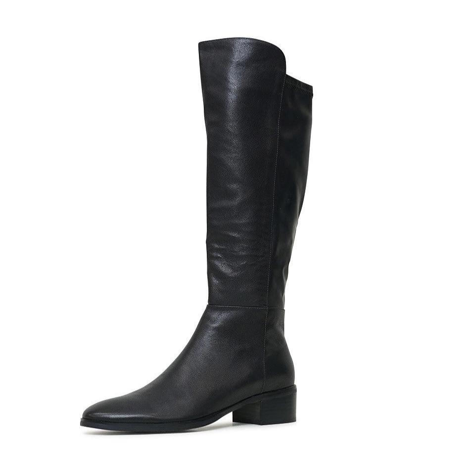 Tetley Black Leather Stretch Knee High Boots by Django Juliette Shouz