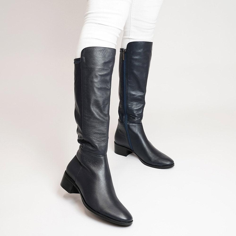Tetley - Navy Leather/ Stretch Knee High Boots - Shouz