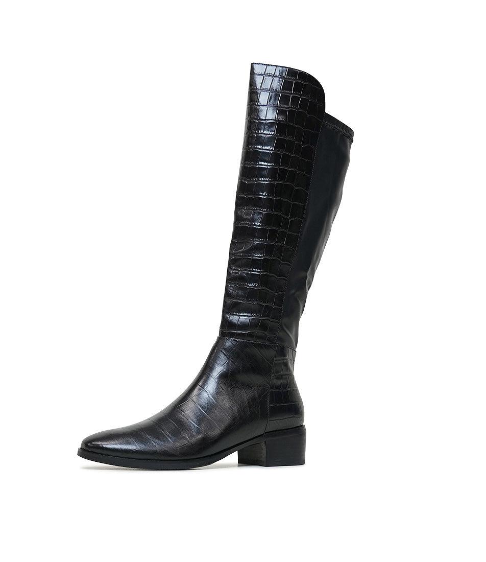 Tetley Black Croc Leather Knee High Boots - Shouz