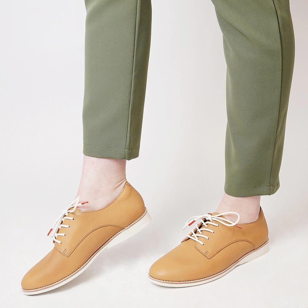 Derby Soft Tan Leather Lace Up Flats - ROLLIE | Shouz