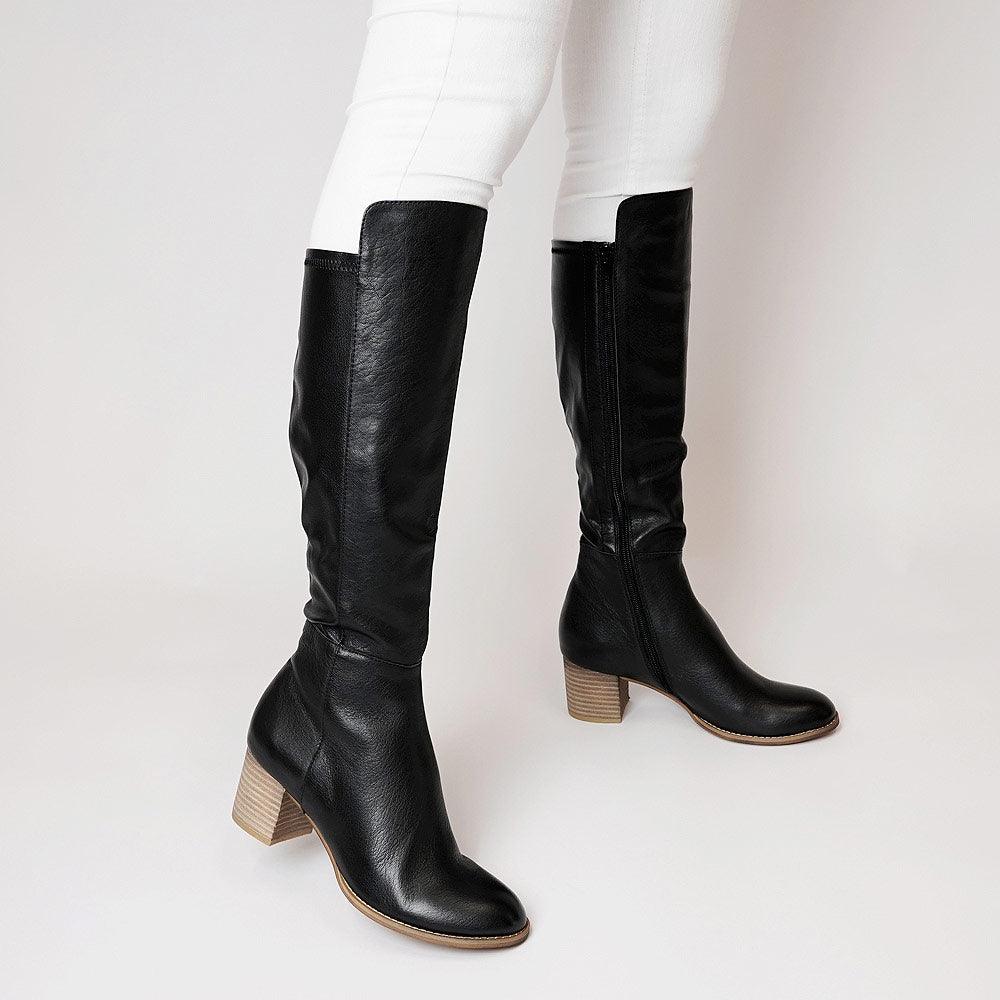 Setley Black/ Natural Heel Leather Knee High Boots - Shouz