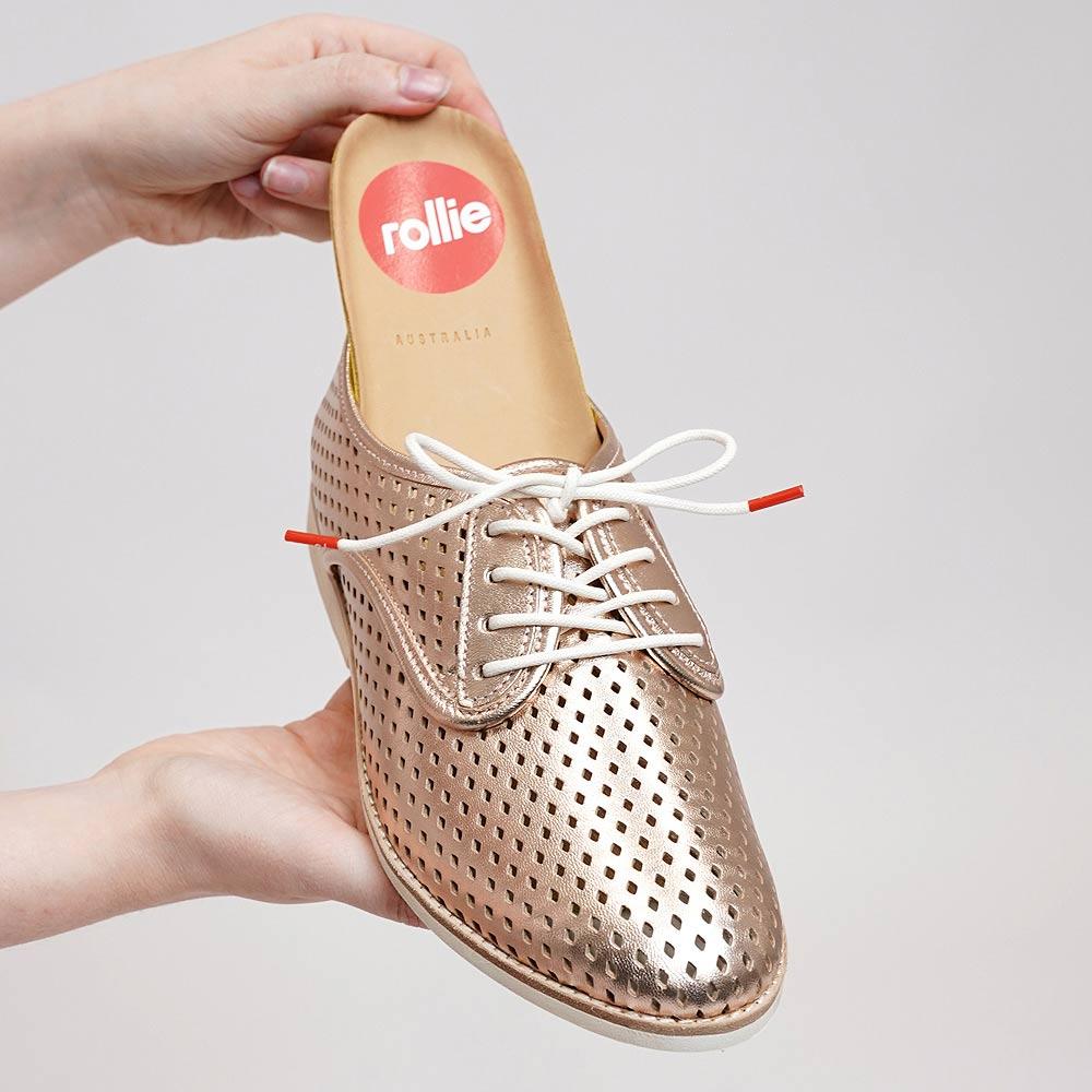 Derby Punch Rose Gold Leather Lace Up Flats by Rollie Shouz