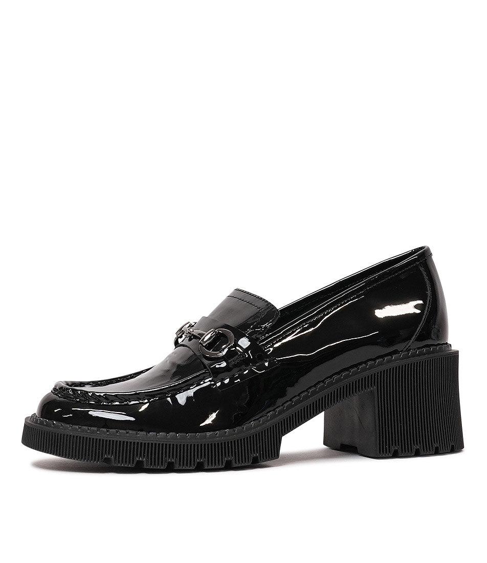 Zoey Black Patent Leather Heeled Loafers - Shouz