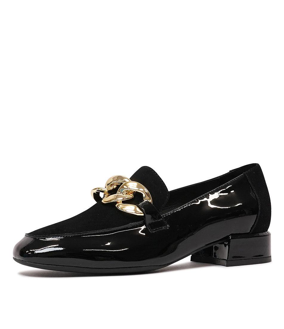 The Django and Juliette Vivandy Black Patent/ Black Suede loafers for women in black leather with a gold chain link strap across the vamp.
