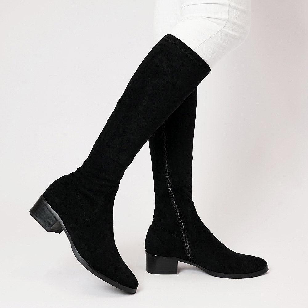 Timothie Black Stretch Microsuede Knee High Boots by Django Juliette Shouz