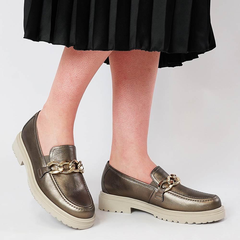 Georgia Bronze Leather Loafers - Shouz