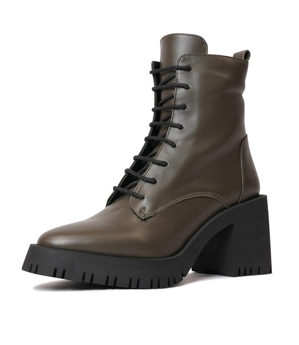 Adey Khaki Leather Ankle Boots - Shouz