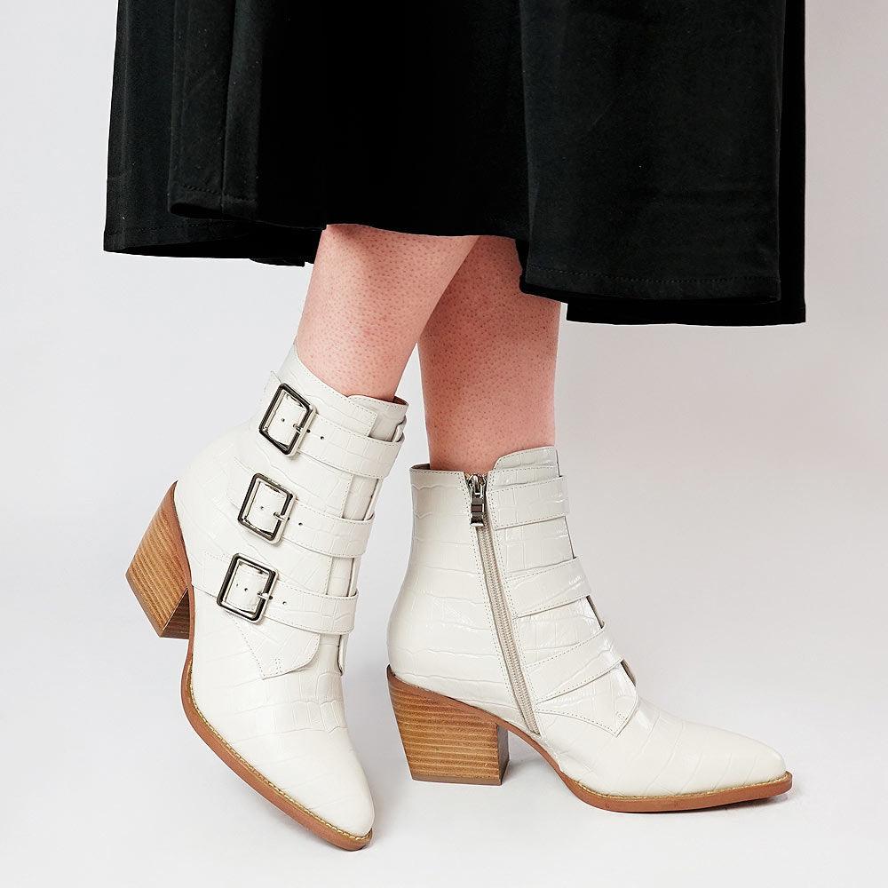 Marzena Almond Croc Leather Ankle Boots - Shouz
