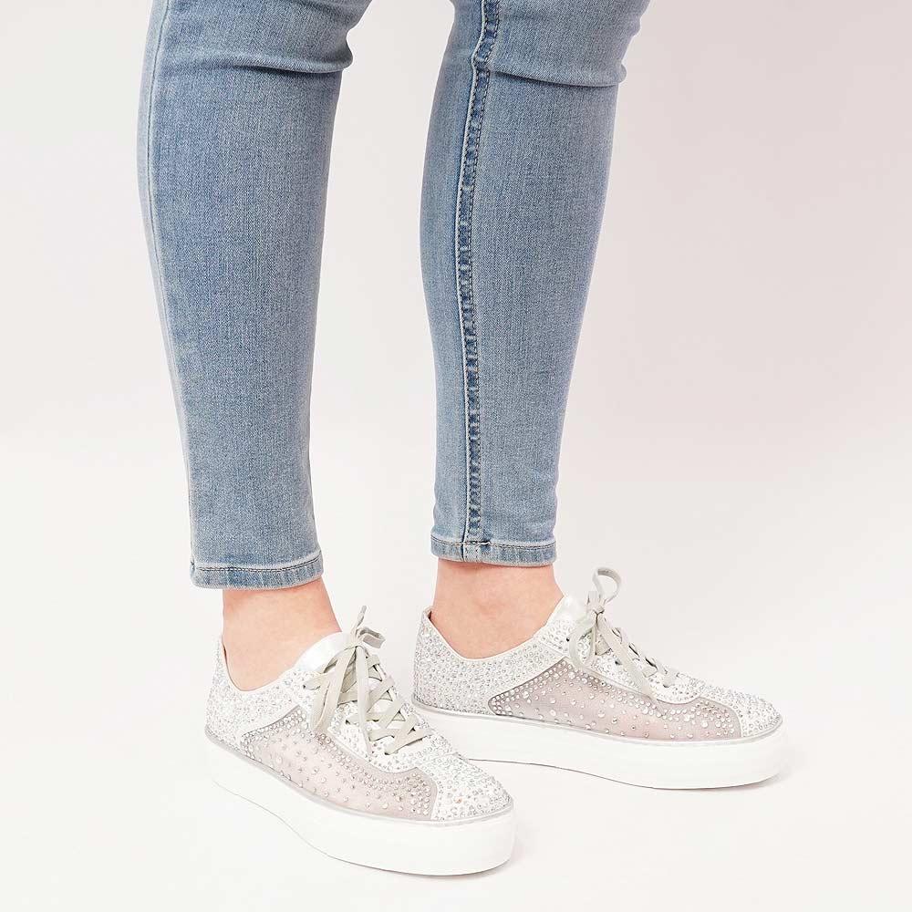 Flip Silver Shimmer Leather Mesh Sneakers - Shouz