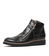 Ohmyes Black Croc Leather Ankle Boots - Shouz