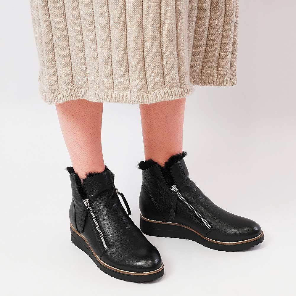 Opal Black Leather/ Black Fur Ankle Boots, TOP END - Shouz