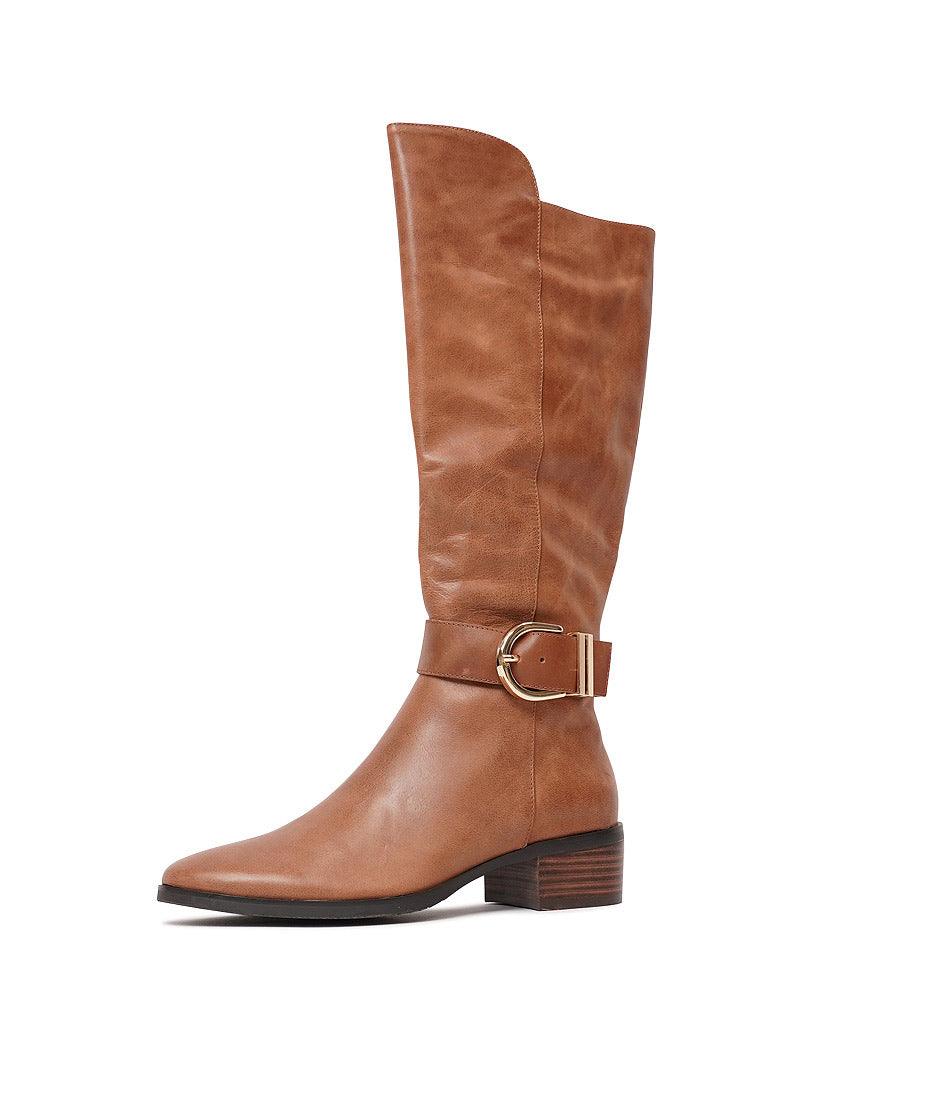 Tissy Cognac Leather Knee High Boots - Shouz