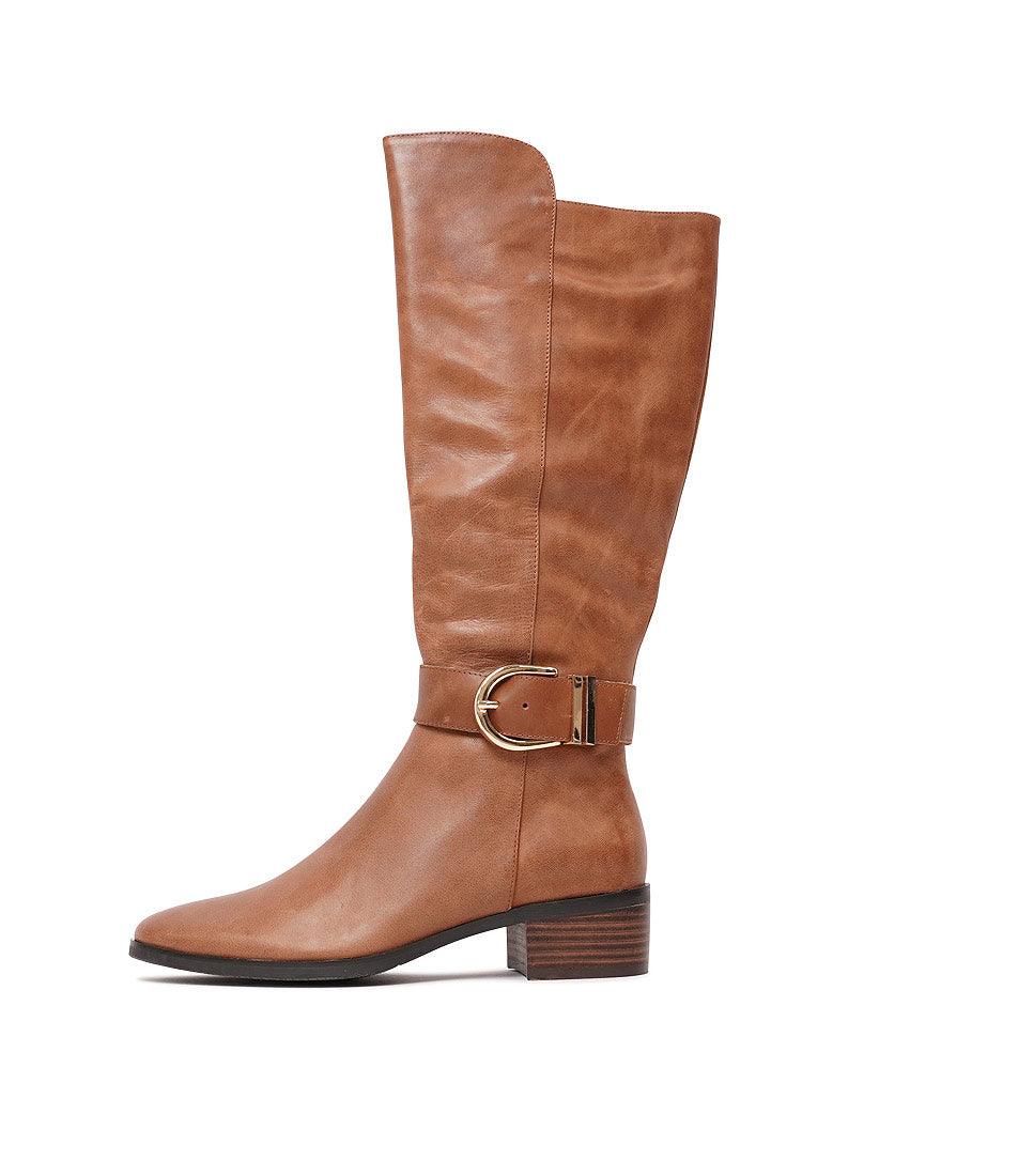 Tissy Cognac Leather Knee High Boots - Shouz