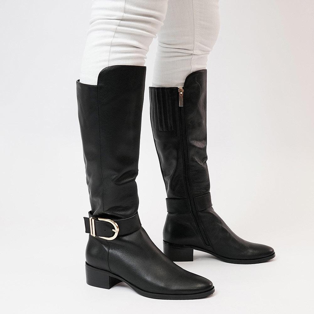 Tissy Black Leather Knee High Boots - Shouz
