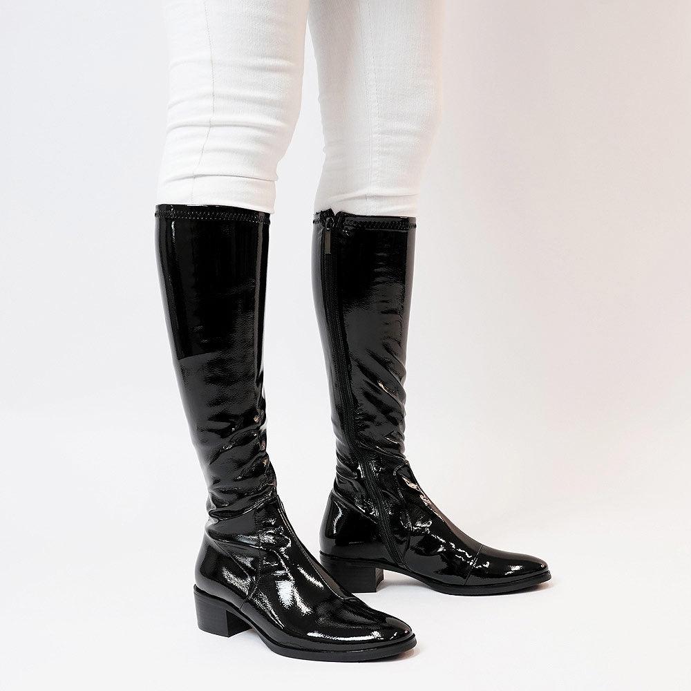Timothie Black Stretch Patent Knee High Boots - Shouz