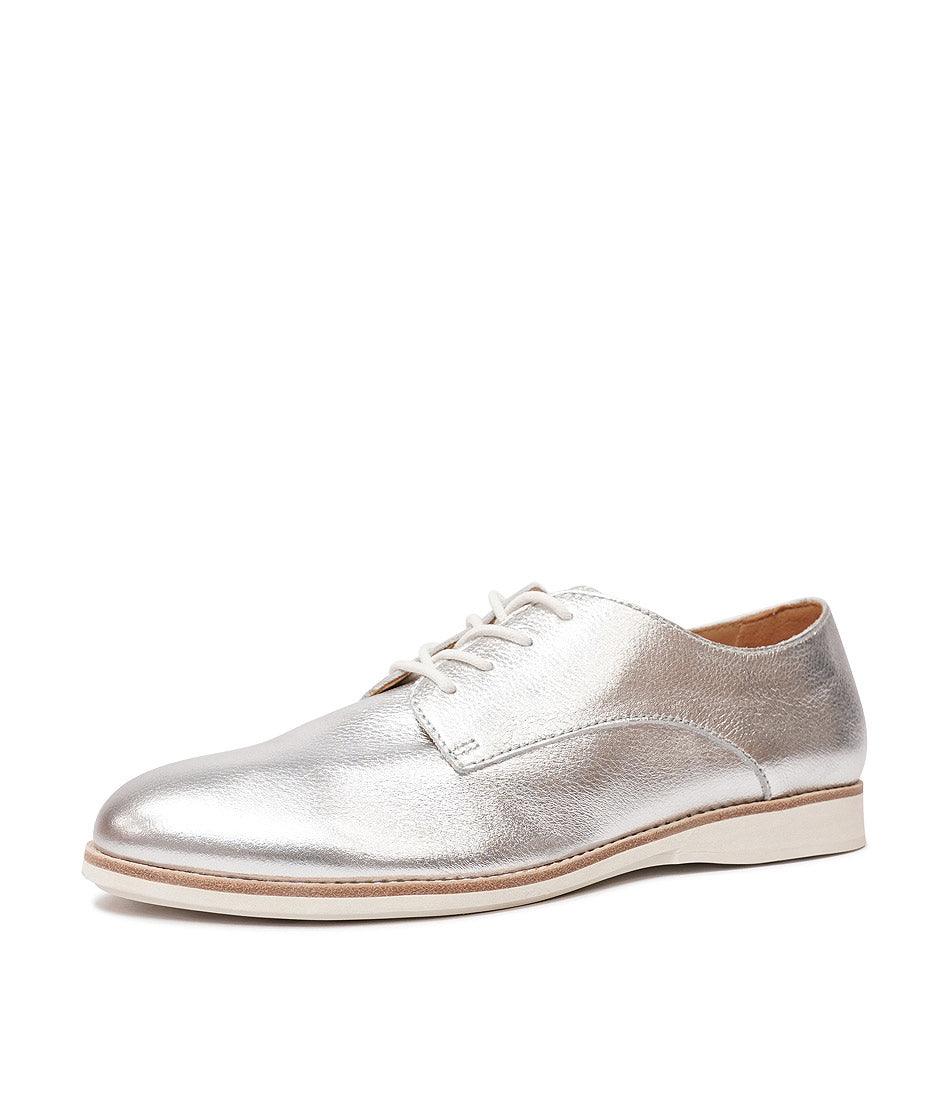 Derby Supersoft Silver Leather Lace Up Flats - Shouz