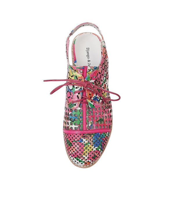 Addy White Flowermania / Hot Pink Leather Lace Up Flats - Shouz