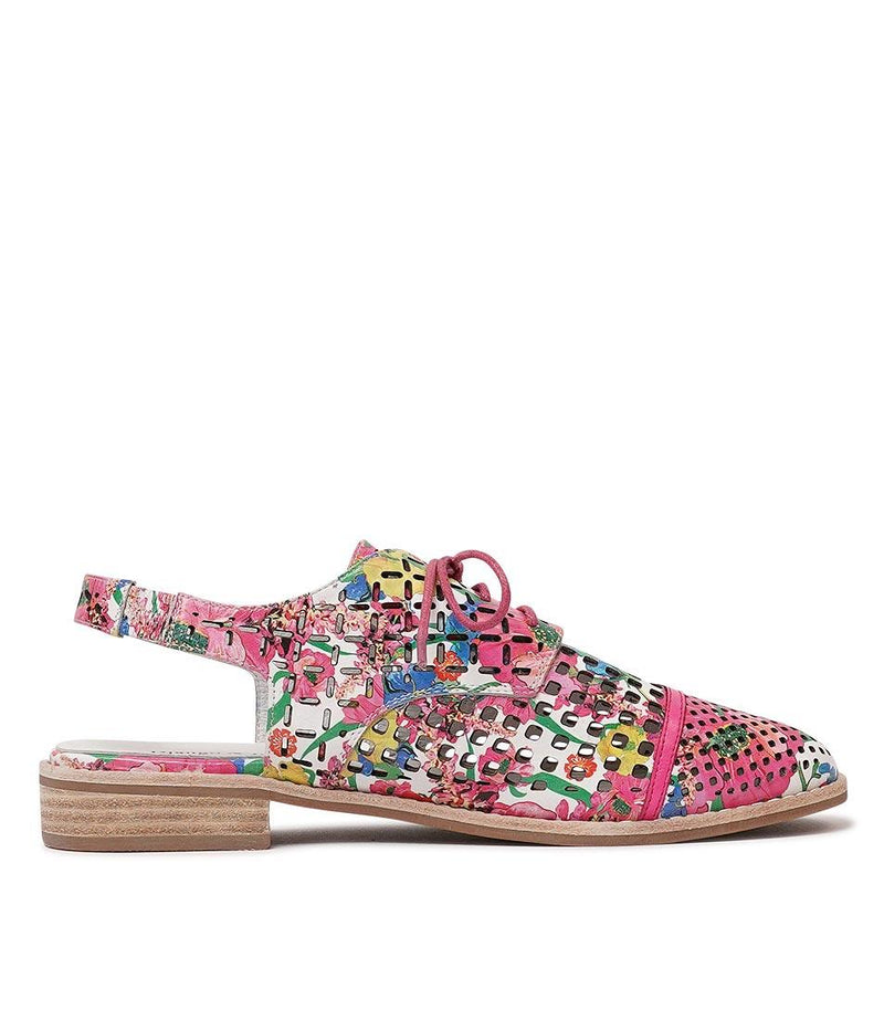 Addy White Flowermania / Hot Pink Leather Lace Up Flats - Shouz