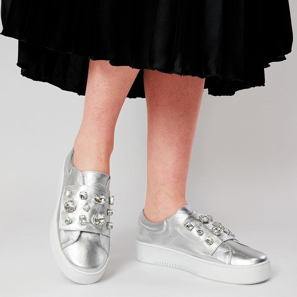 Lunit Silver / Silver Jewels Leather Sneakers - Shouz