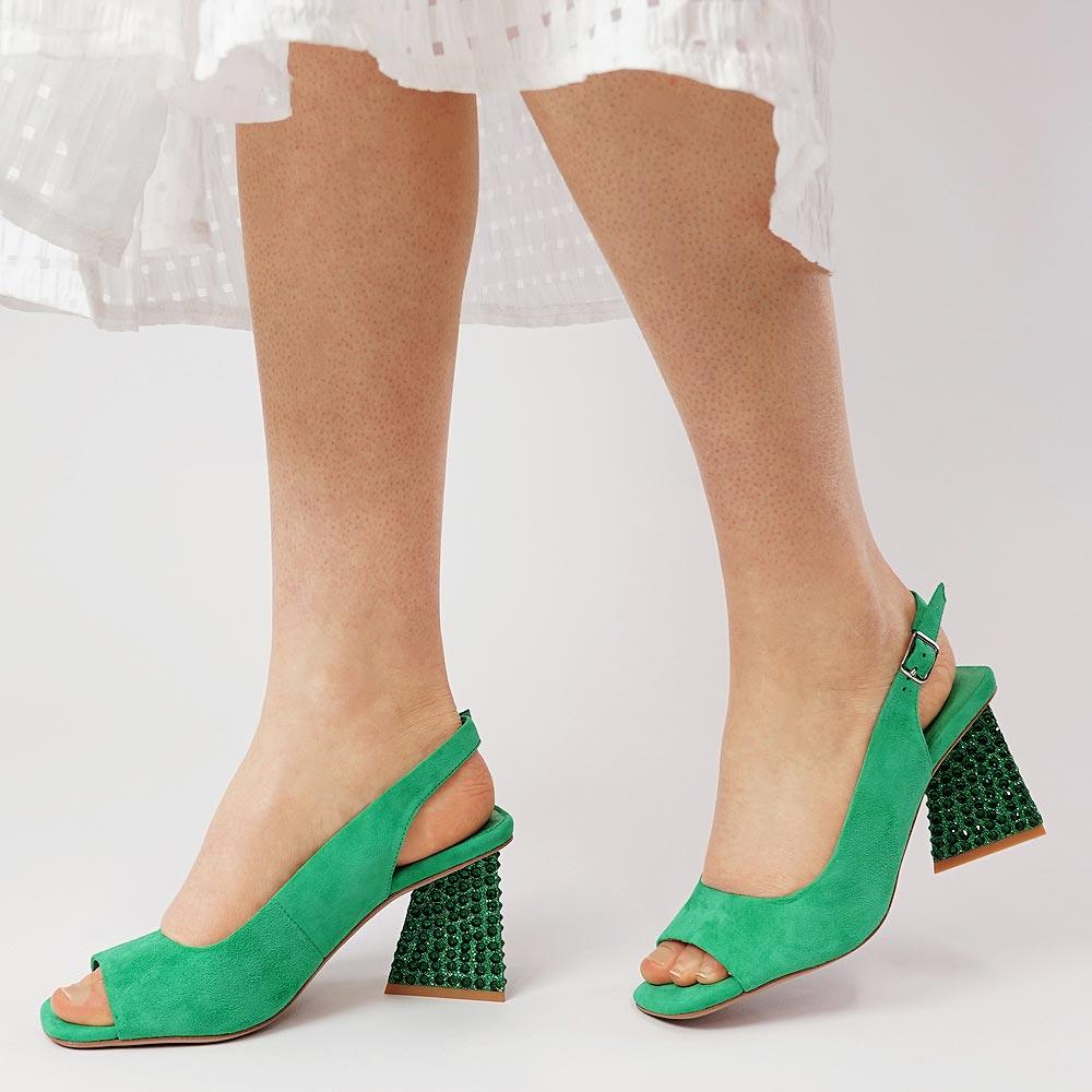 Lantos Emerald Suede / Jewels Leather Heels - Shouz