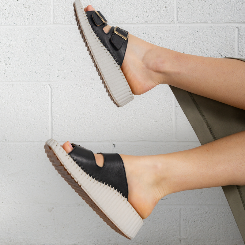 Solena Black Leather Slides