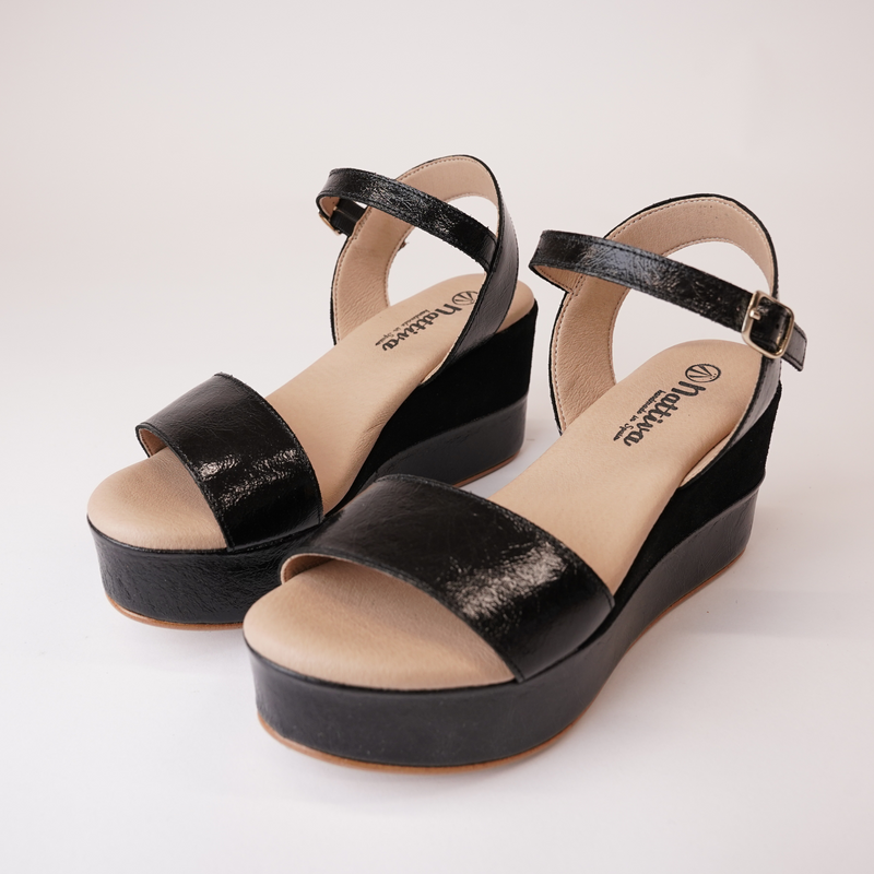 009-Cres-138 Black Patent/ Suede Leather Wedges