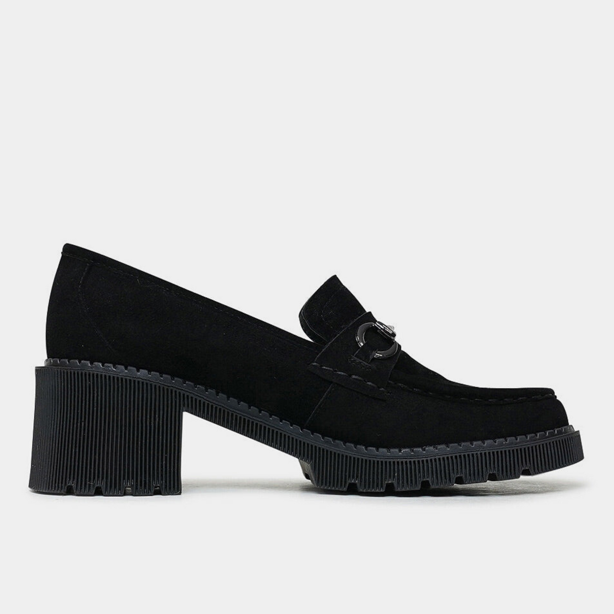 Zoey Black Suede Heeled Loafers - DJANGO AND JULIETTE | Shouz