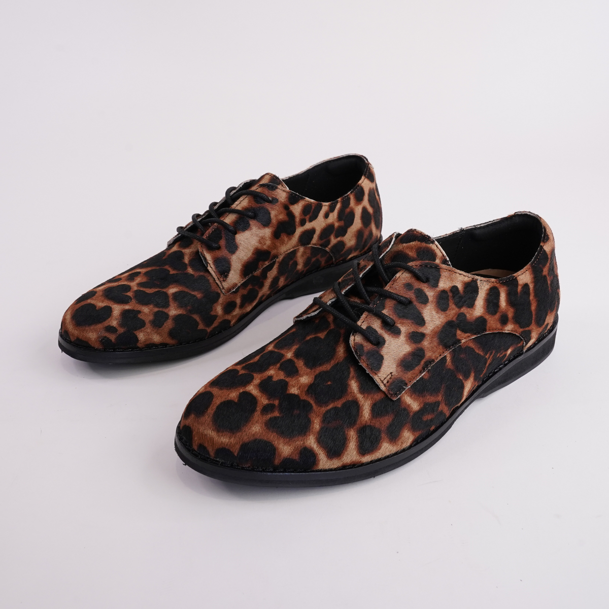 Derby Dark Camel Leopard/black Lace Up Flats - ROLLIE | Shouz