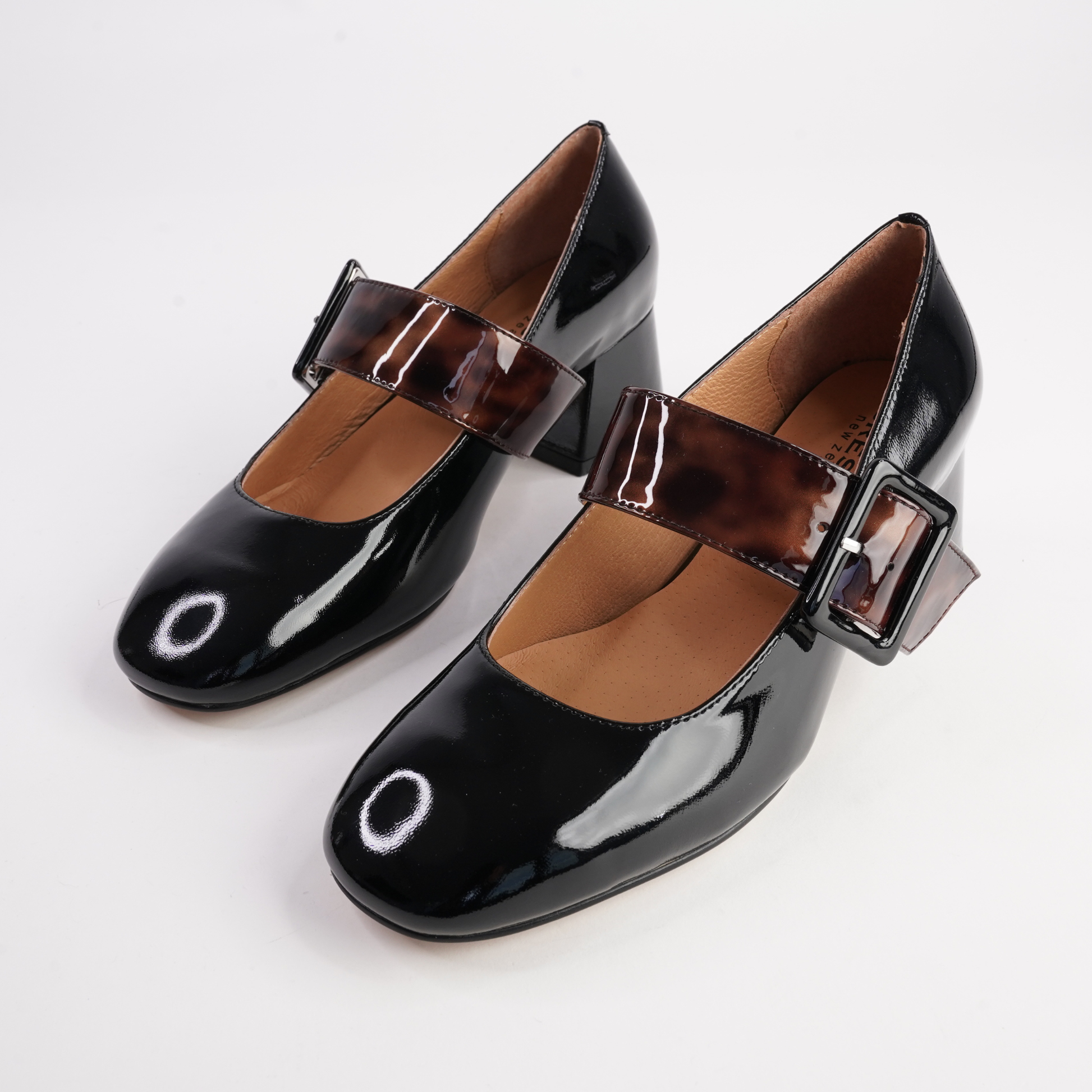 Pagoda Black Patent/ Turtle Strap Leather Heels - BRESLEY | Shouz