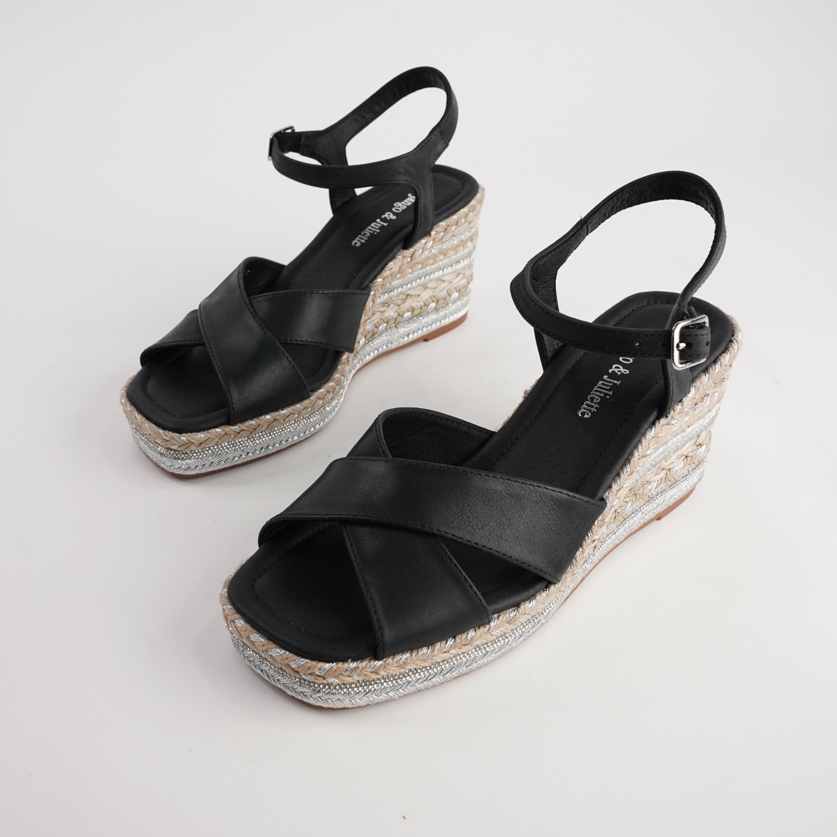 Orgal Black Leather Espadrille Wedges