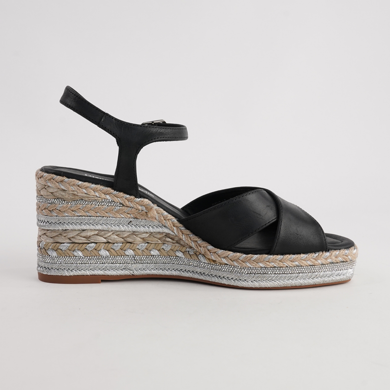 Orgal Black Leather Espadrille Wedges