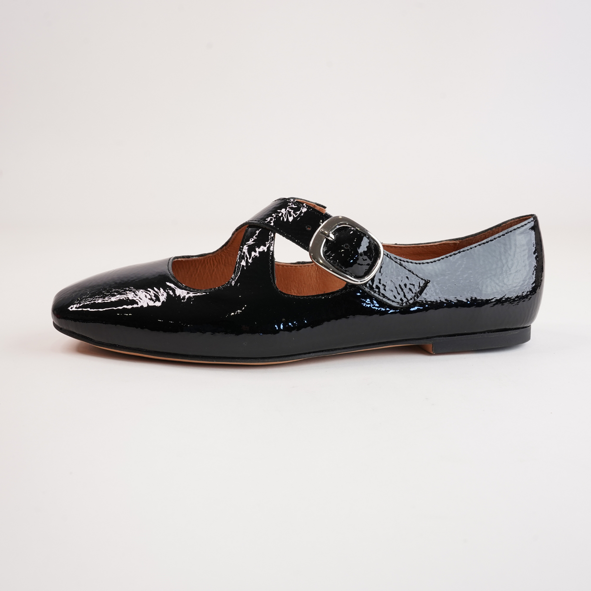 Nowa Black Crinkle Patent Leather Flats - MOLLINI | Shouz