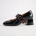 Pagoda Black Patent/ Turtle Strap Leather Heels