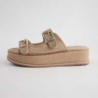 Vexta Camel Leather/ Camel Raffia Slides