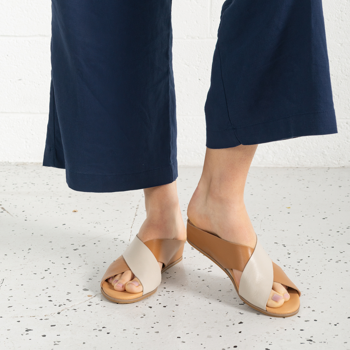 Harli Dark Tan/ Almond Leather Slides - DJANGO AND JULIETTE | Shouz