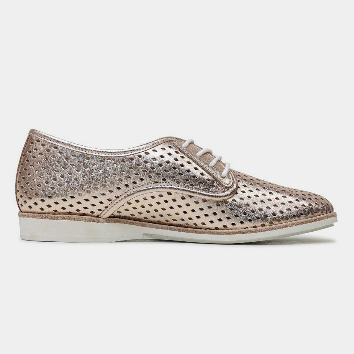 Derby Punch Rose Gold Leather Lace Up Flats - ROLLIE | Shouz
