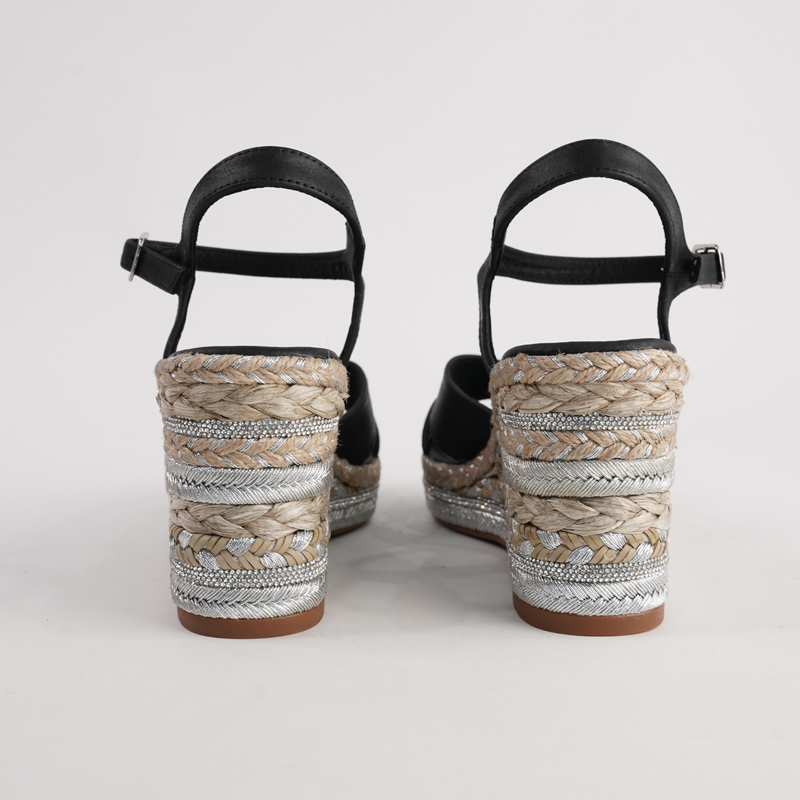 Orgal Black Leather Espadrille Wedges