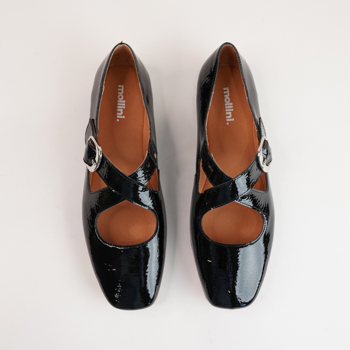 Nowa Black Crinkle Patent Leather Flats - MOLLINI | Shouz