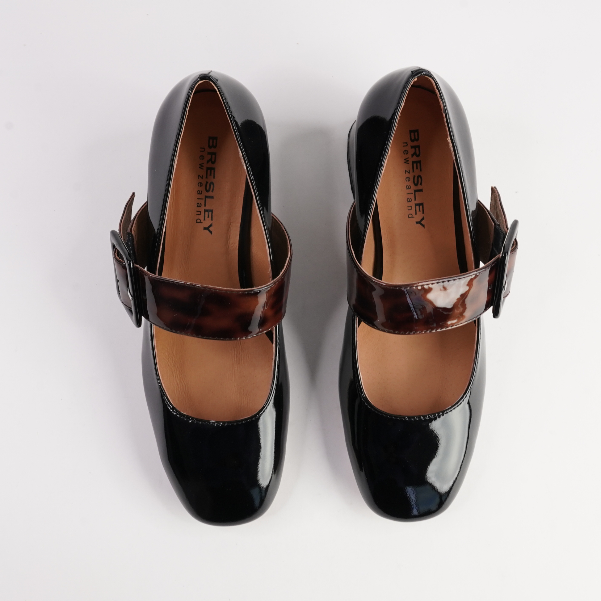 Pagoda Black Patent/ Turtle Strap Leather Heels - BRESLEY | Shouz