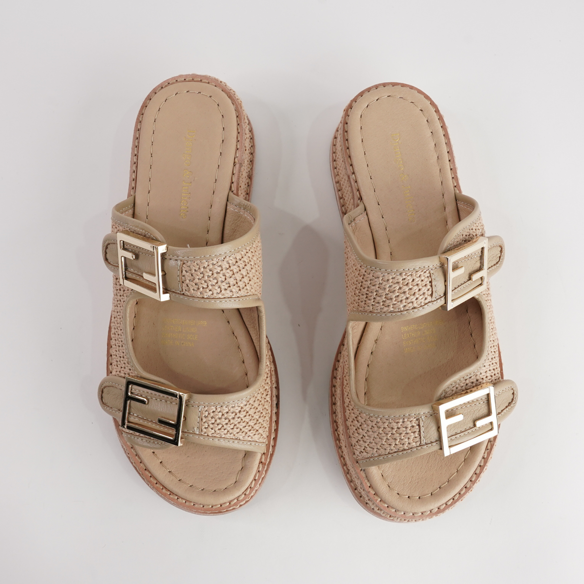 Vexta Camel Leather/ Camel Raffia Slides - DJANGO AND JULIETTE | Shouz