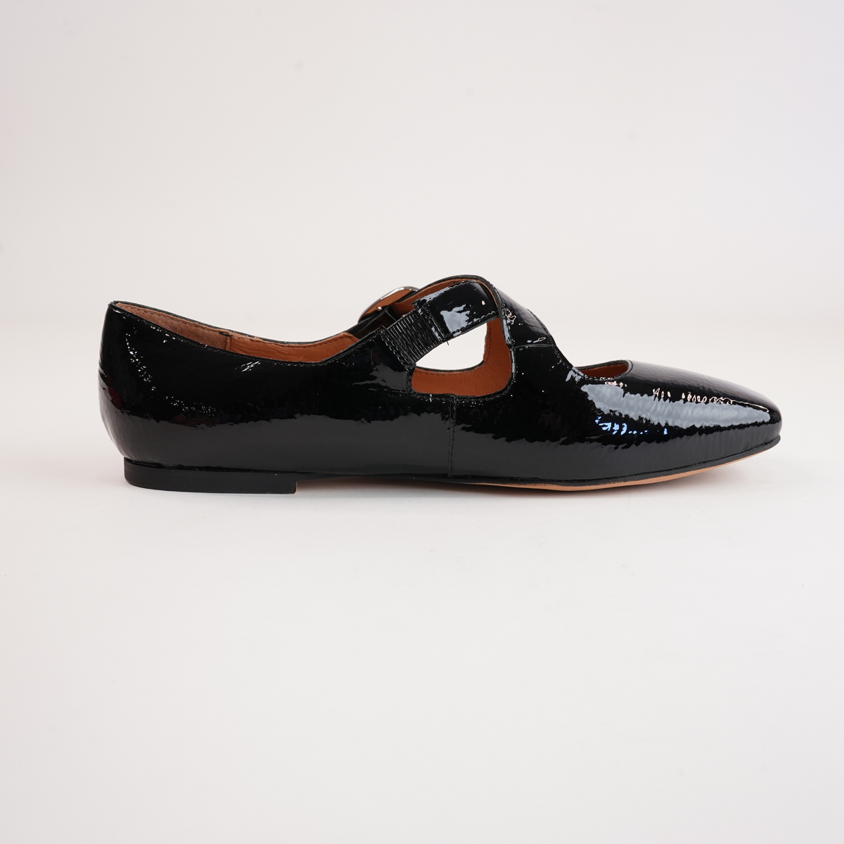 Nowa Black Crinkle Patent Leather Flats - MOLLINI | Shouz