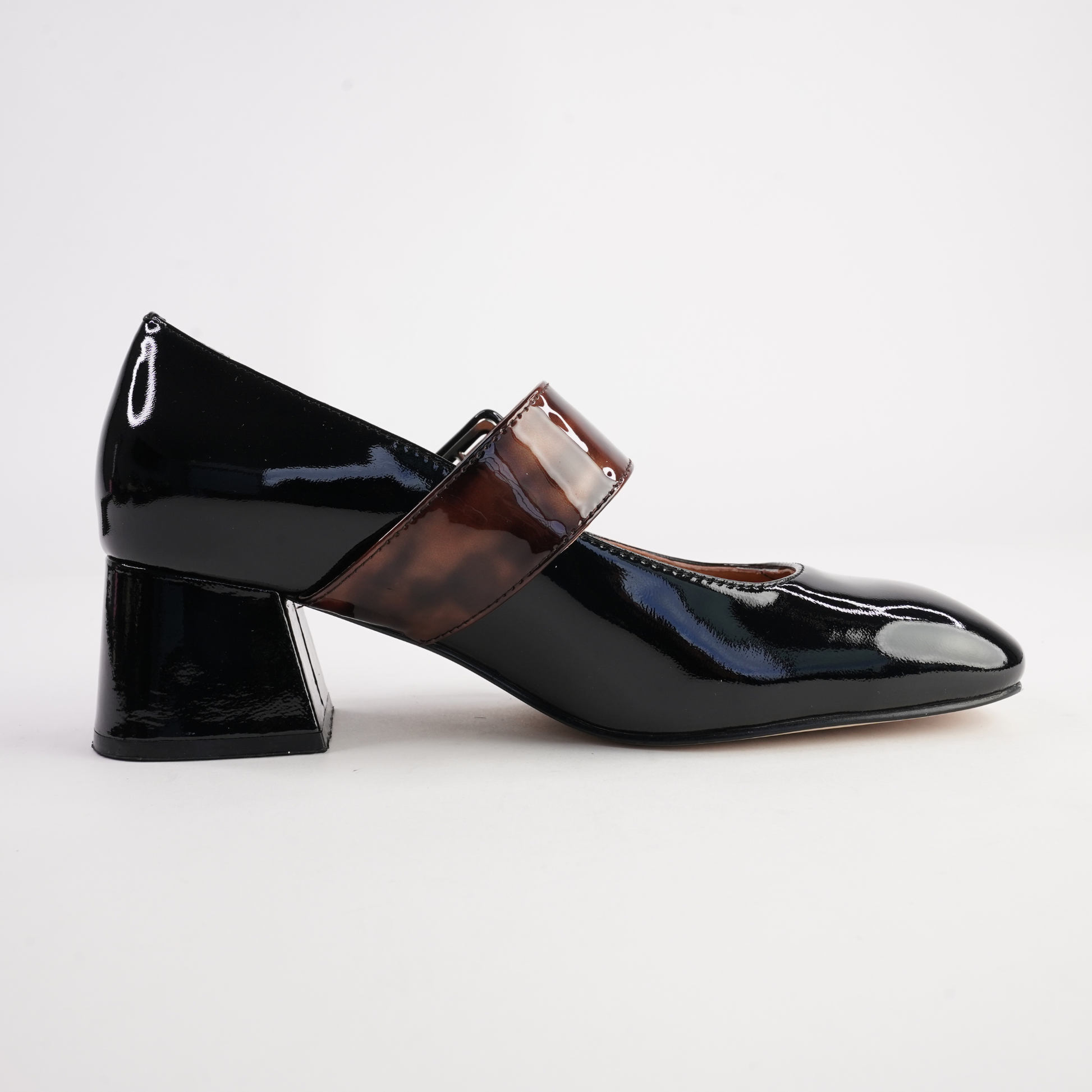 Pagoda Black Patent/ Turtle Strap Leather Heels - BRESLEY | Shouz