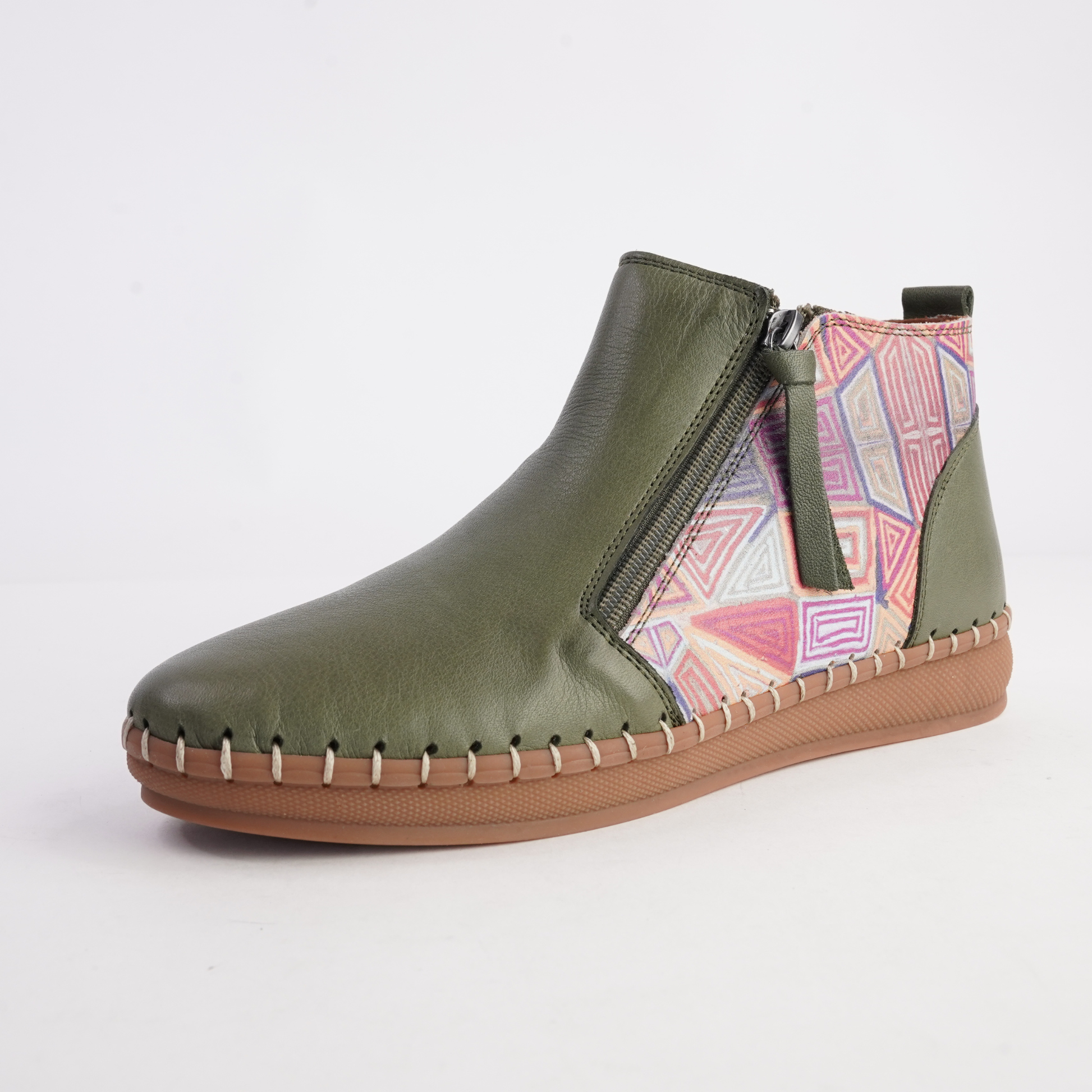 Regan Dark Olive Mosaic Leather Ankle Boots - SALA | Shouz