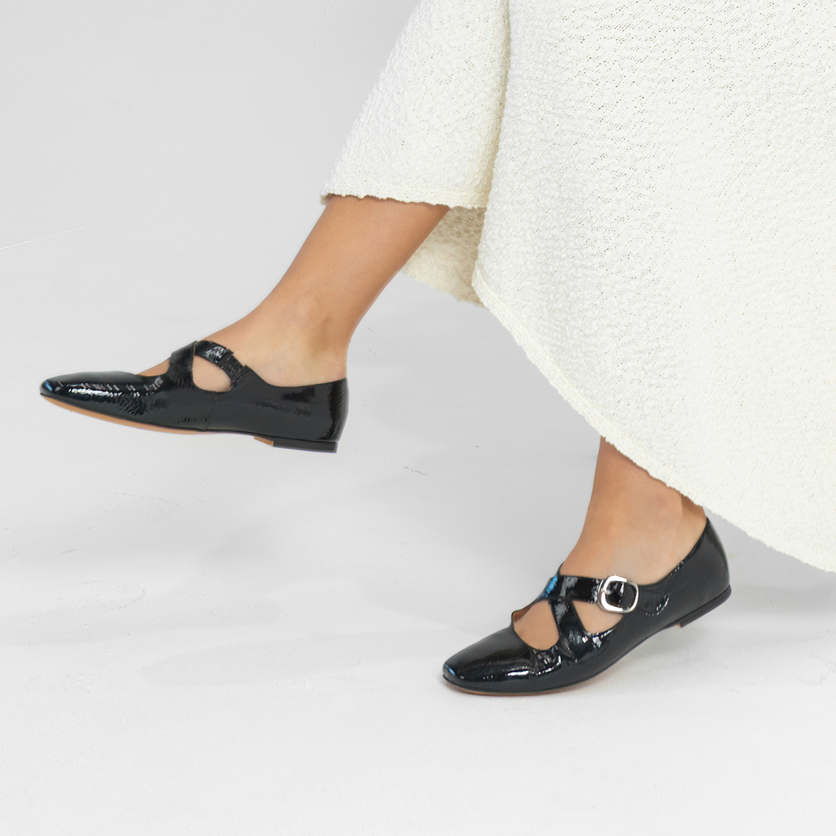 Nowa Black Crinkle Patent Leather Flats