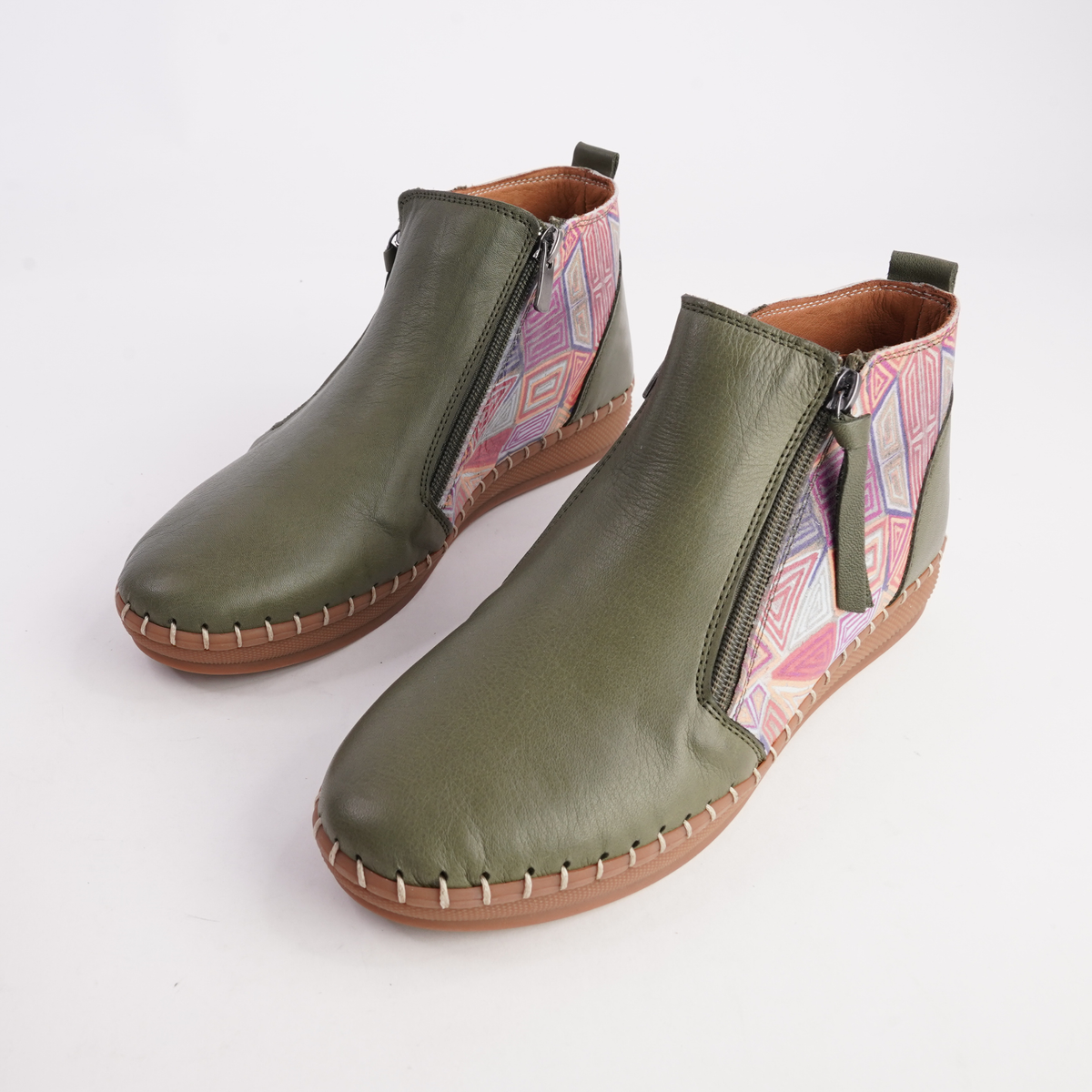 Regan Dark Olive Mosaic Leather Ankle Boots - SALA | Shouz